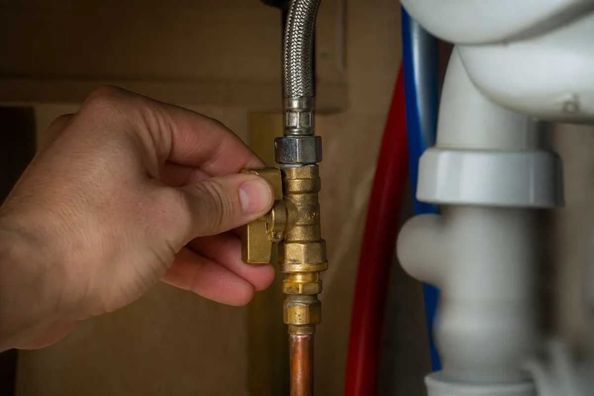Robinet d’arrêt général fermé à la main sous un évier lors d’une fuite d’eau