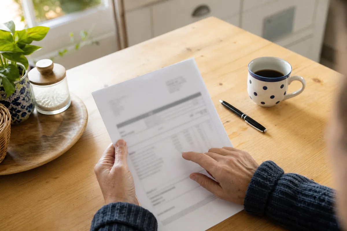 Facture de dépannage plomberie examinée sur une table de cuisine avant signature