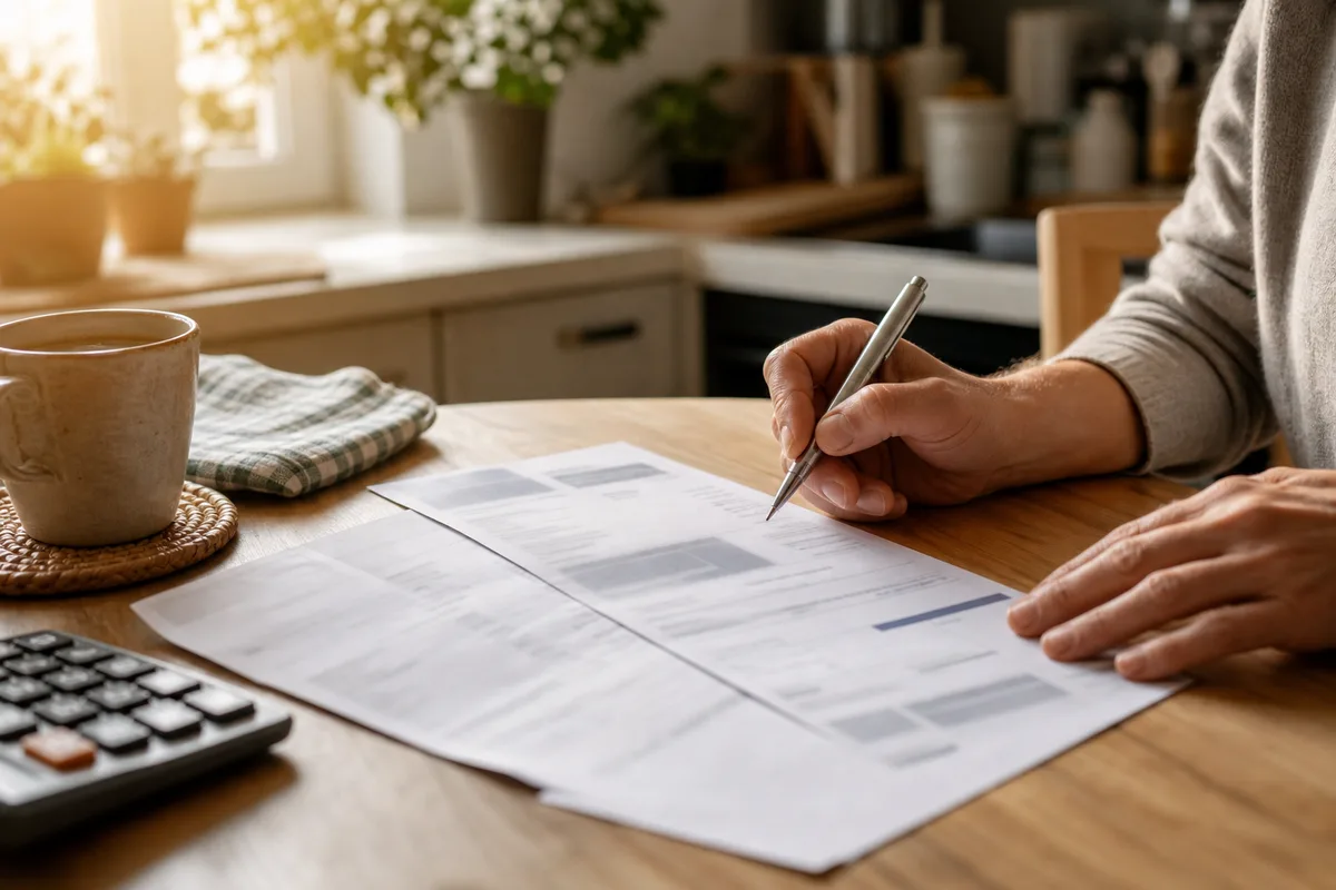 Facture de dépannage plomberie examinée sur une table de cuisine avant signature