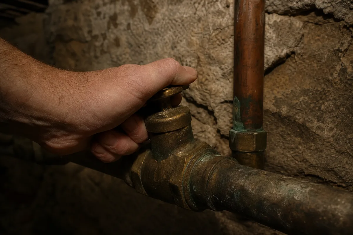 Robinet d’arrêt général ancien fermé à la main dans une cave de maison en pierre