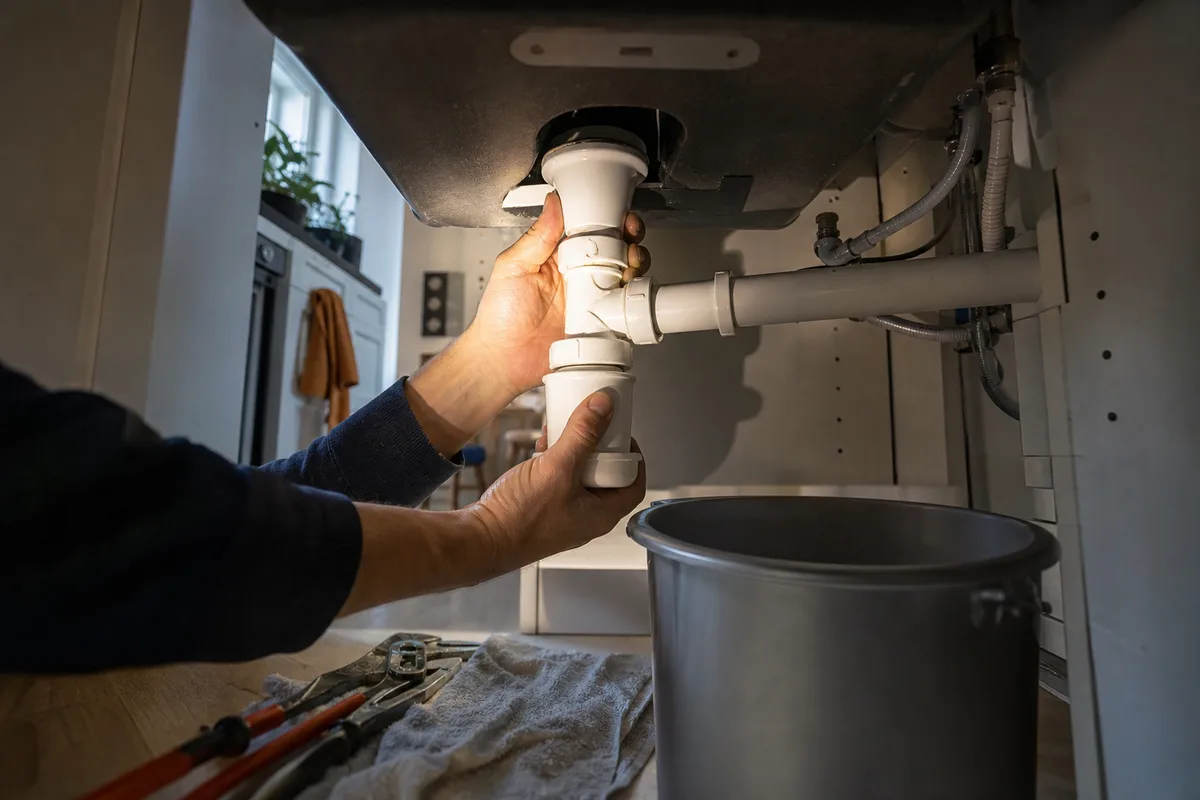 Plombier remplaçant le siphon sous un évier de cuisine dans une maison du bassin rennais, mains gantées et clé à molette