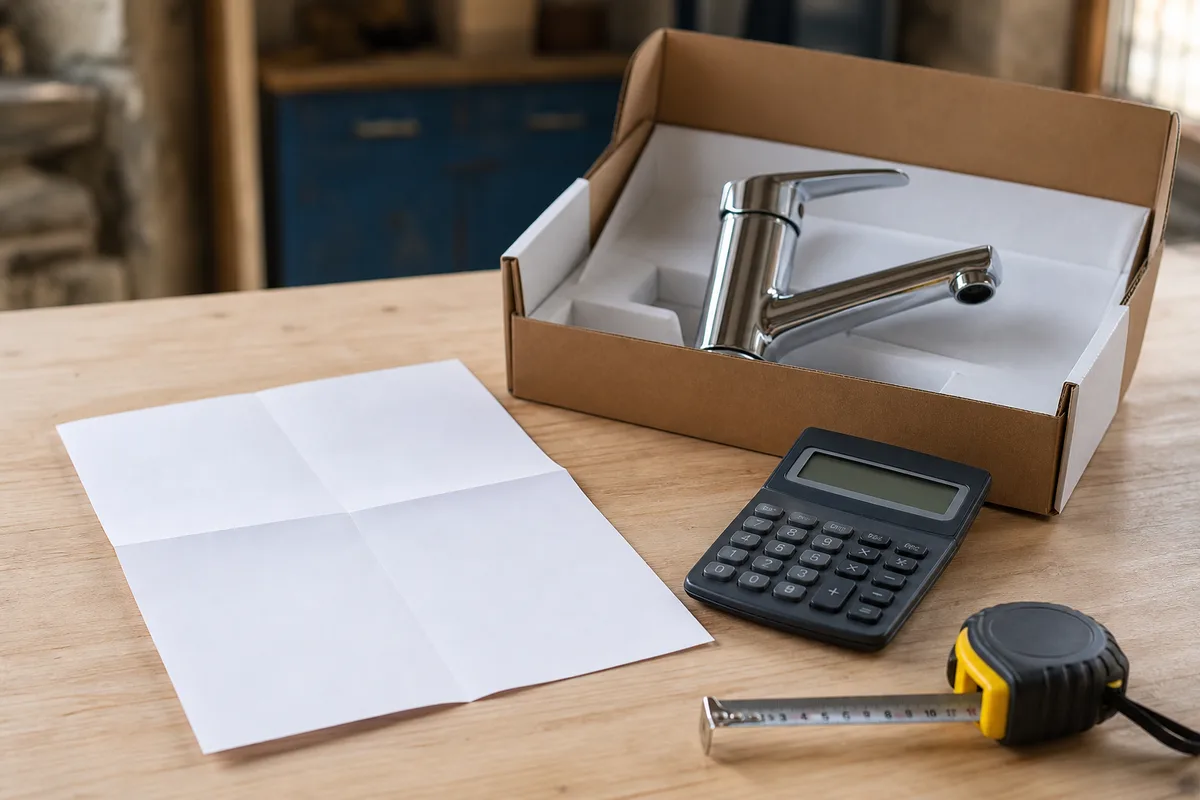 Plan de travail avec devis de plomberie, calculatrice et robinet mitigeur neuf posé sur un établi, lumière naturelle