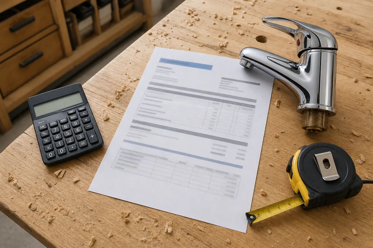 Plan de travail avec devis de plomberie, calculatrice et robinet mitigeur neuf sur un établi, lumière naturelle d’un atelier breton