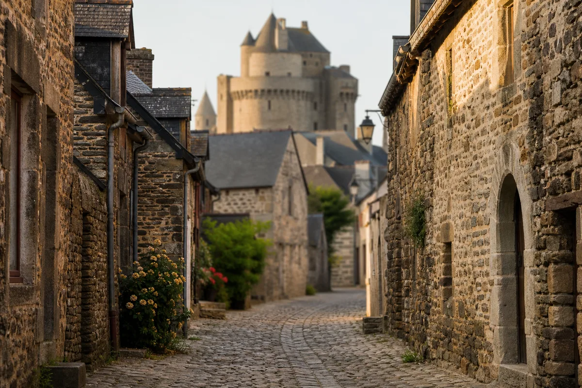 Ruelle pavée et façades en granit du cœur historique de Châteaugiron, lumière douce de fin de journée