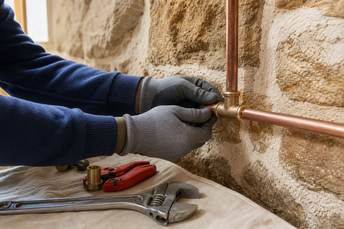Plombier chauffagiste intervenant sur un réseau de cuivre dans une maison de bourg en pierre du pays de la Roche aux Fées, mains gantées et outillage posé