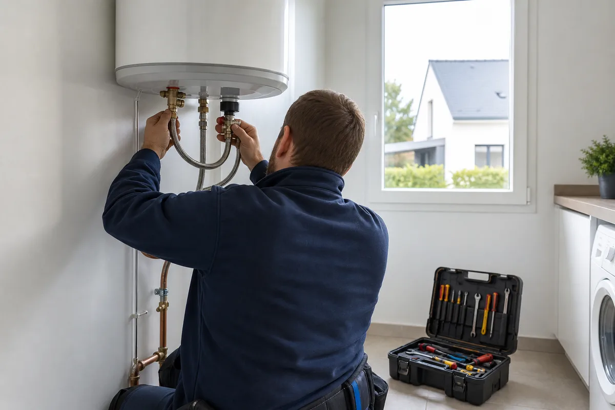 Plombier chauffagiste raccordant un chauffe-eau électrique dans une maison de la première couronne rennaise, outils et raccords cuivre visibles