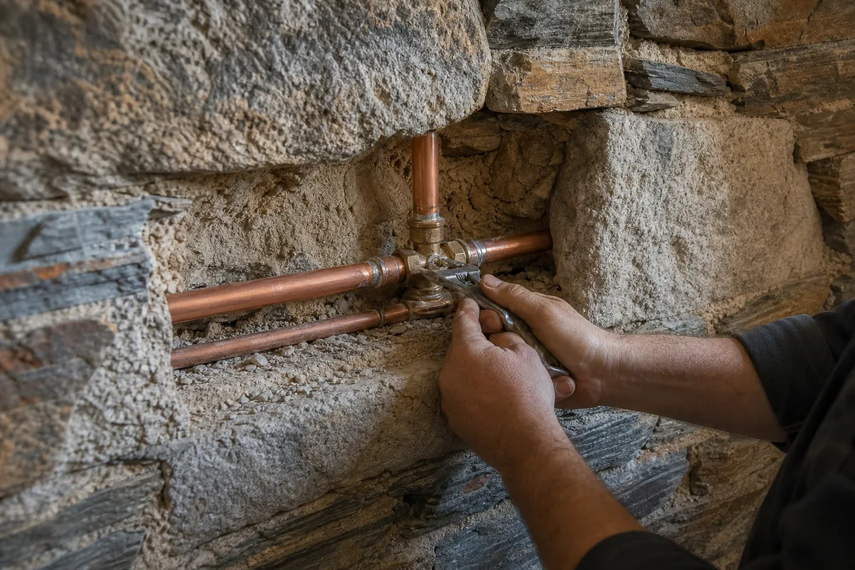 Réseau de plomberie encastré dans un mur en granit d’une maison ancienne du centre de Vitré, tuyaux cuivre et raccords apparents