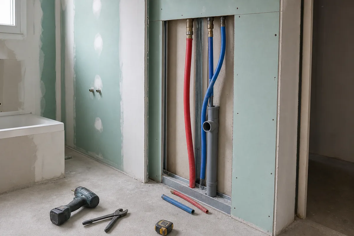 Salle de bains d’un pavillon rennais en cours de rénovation, cloison ouverte laissant voir les arrivées d’eau et l’évacuation neuves
