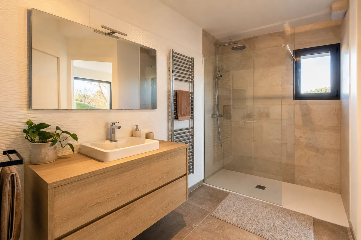 Salle de bains rénovée dans une maison de la couronne rennaise, douche à l’italienne carrelée, meuble vasque en bois et sèche-serviettes, lumière naturelle